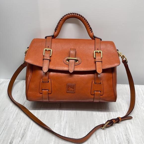 Dooney & Bourke Handbags - Dooney & Bourke Florentine Flap Tab Satchel Medium Ginger Italian Leather